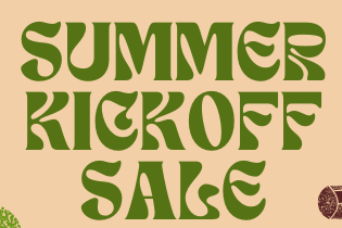Summer kickoff sale banner with camping elements and text on a beige background